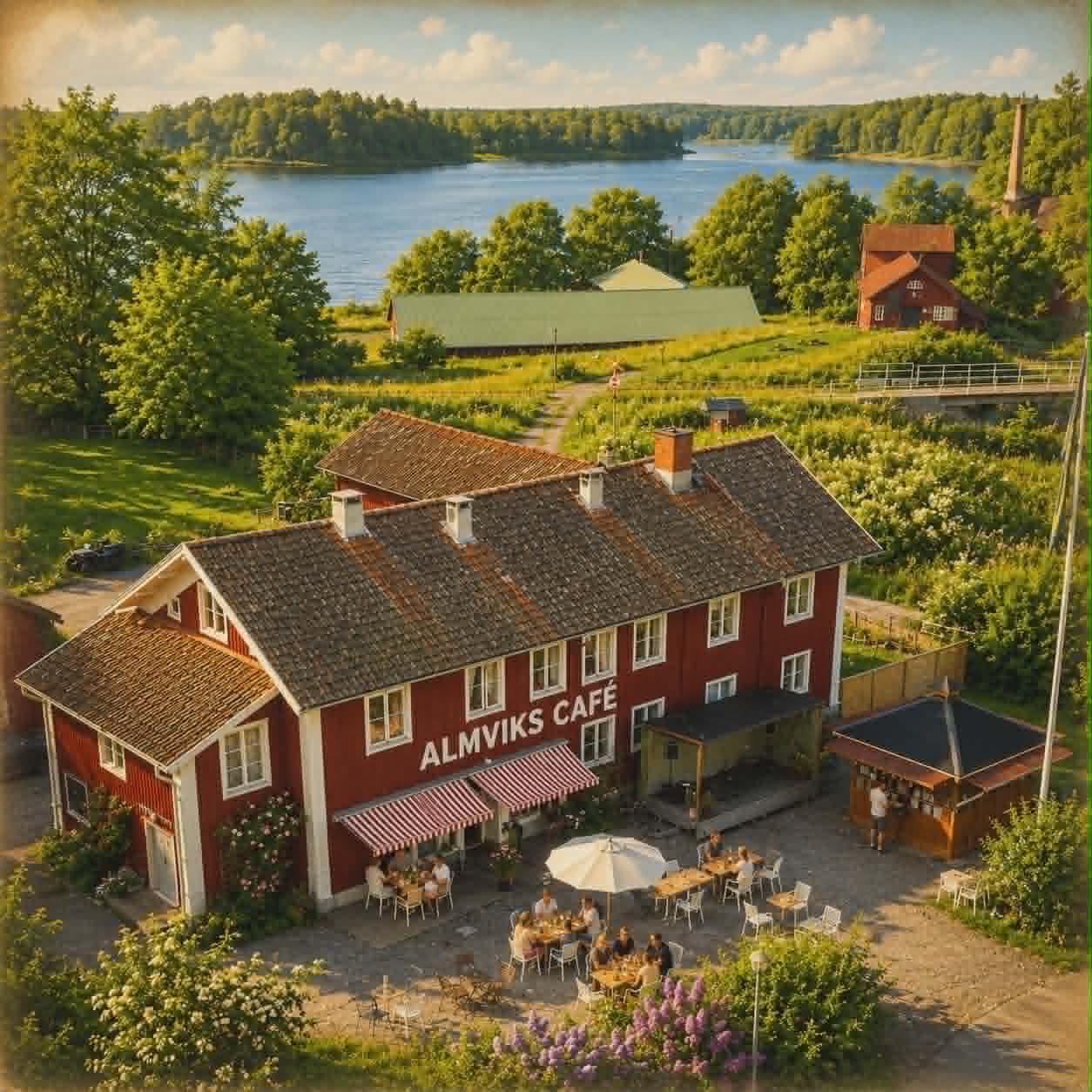 Flygfoto över Almviks Café vid vattnet